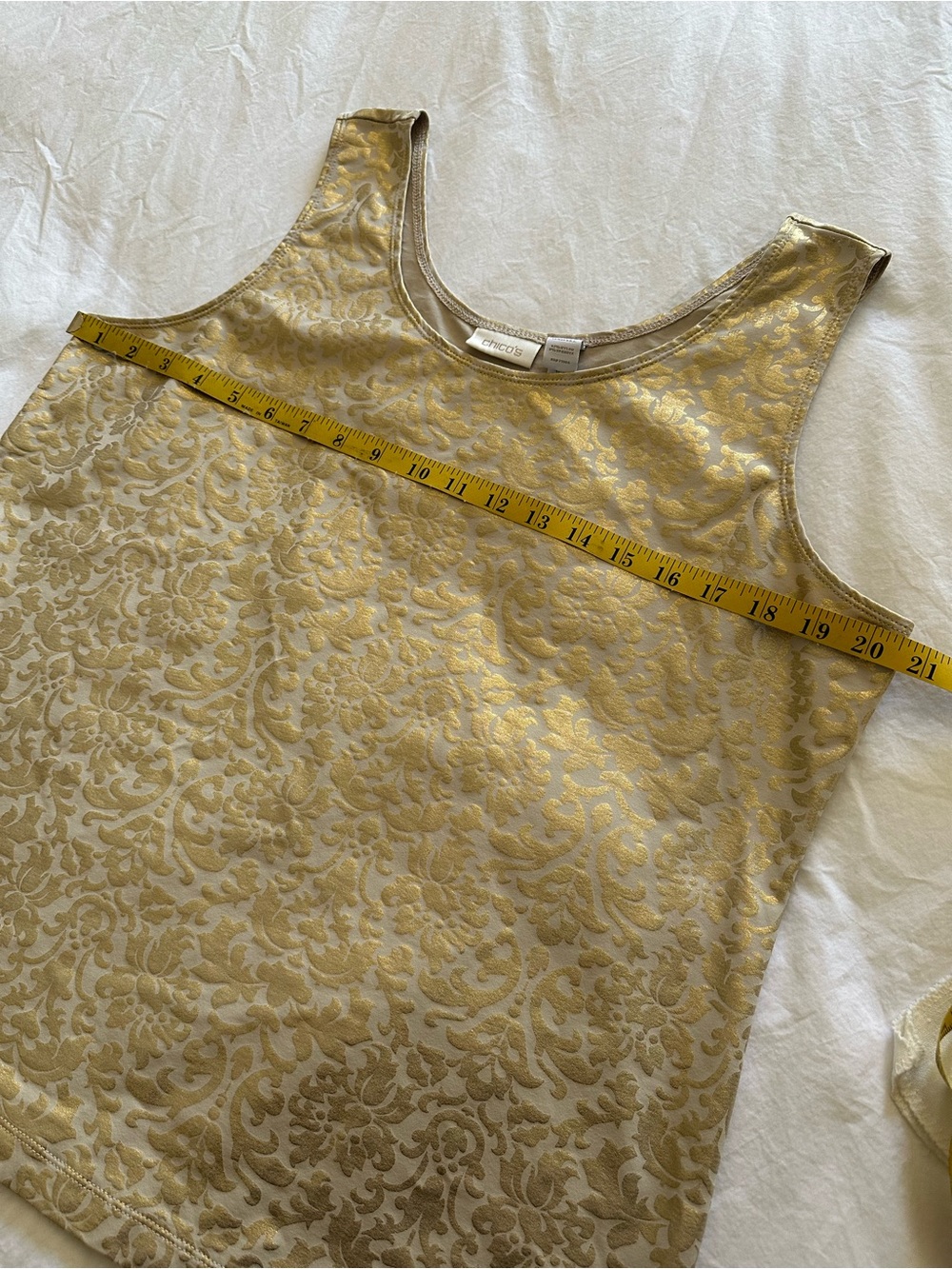 Chico's Gold Metallic Scroll Print Top on Cream, size medium (2) - Picture 6 of 9